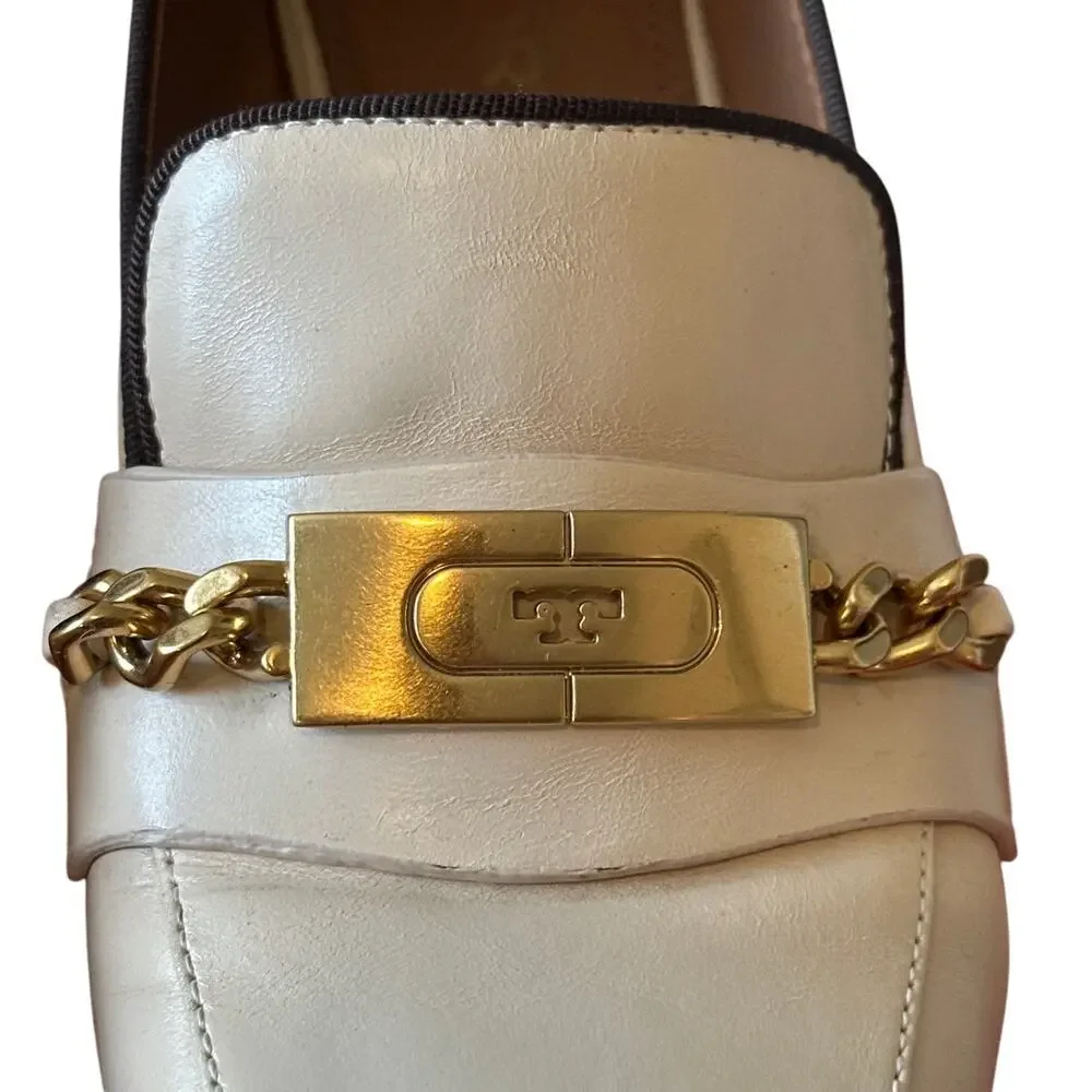 Tory Burch Perrine Heeled Loafers‎ Cream Chain Block Heel 7.5
